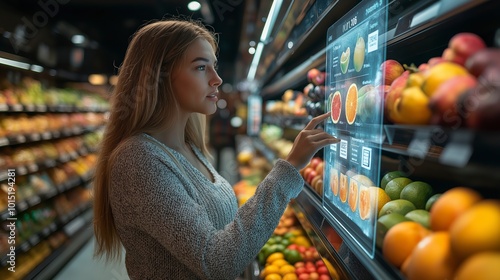 Woman using digital touchscreen in modern grocery store photo