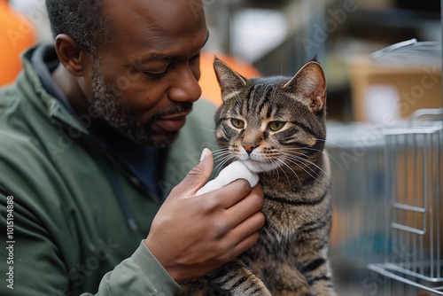 African American man gently wiping his cat’s face at an animal shelter, showing affection and care. Concept of shelter volunteering and pet grooming photo