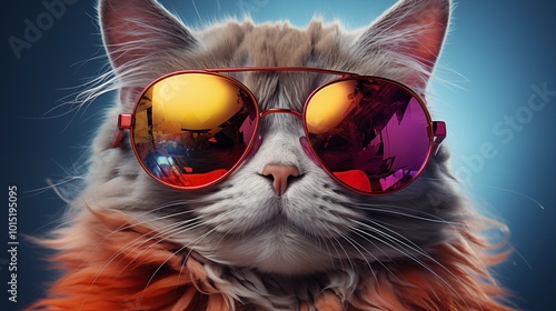 Cartoon colorful cat with sunglasses on white background.