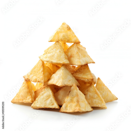 two pistachio pies, resembling triangles, showcase the influence of orientalism ,corn nachos on white background photo