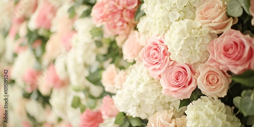 Fototapeta Naklejka Na Ścianę i Meble -  Close-up of pink roses and white hydrangeas with green leaves.