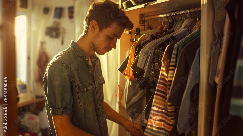 Fototapeta premium Young Man Choosing Clothes From His Closet