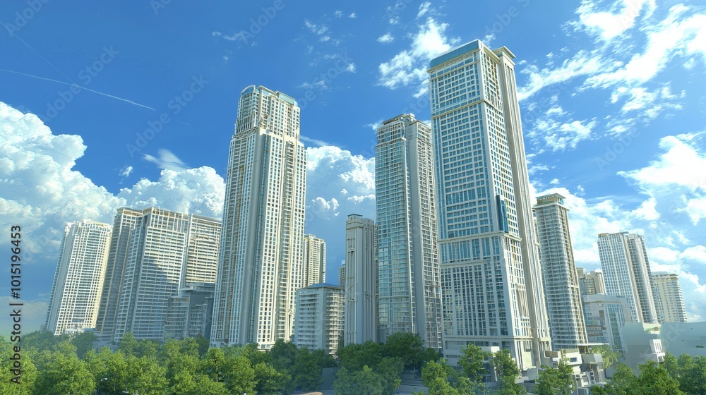 Obraz premium legazpi towers, Makati, Greenbelt Hamilton building, anime background, realistic, hd, worms eye view, daytime, sky, clouds, no trees, 