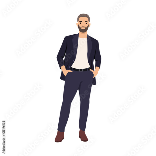 Young business casual man with hands in pocket. Flat vector illustration isolated on white background