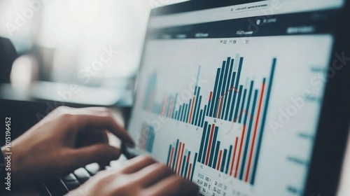 Hands Tapping on Laptop Touchpad with Graphs Displayed