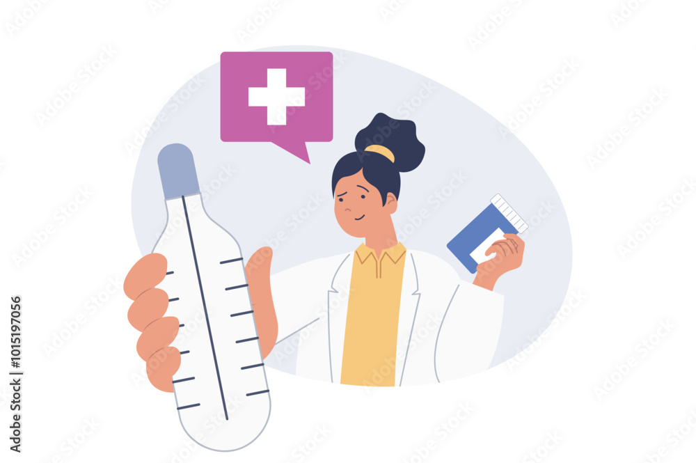 Medical concept in modern flat design for web. Woman work in hospital, making flu diagnosis by symptoms, measuring fever with thermometer and prescribes treatment with pills. Vector illustration. Medical concept in modern flat design for web. Woman work in hospital, making flu diagnosis by symptoms, measuring fever with thermometer and prescribes treatment with pills. Vector illustration.