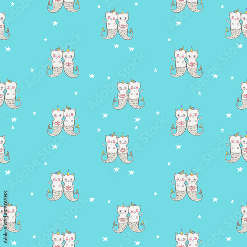 Seamless pattern background kitty cat tweens unicorn on blue. Doodle cartoon style, vector illustration