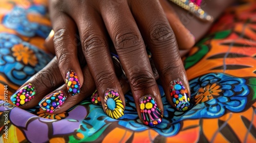 Close-up of Hands with Multicolored Nail Art on a Floral Fabric