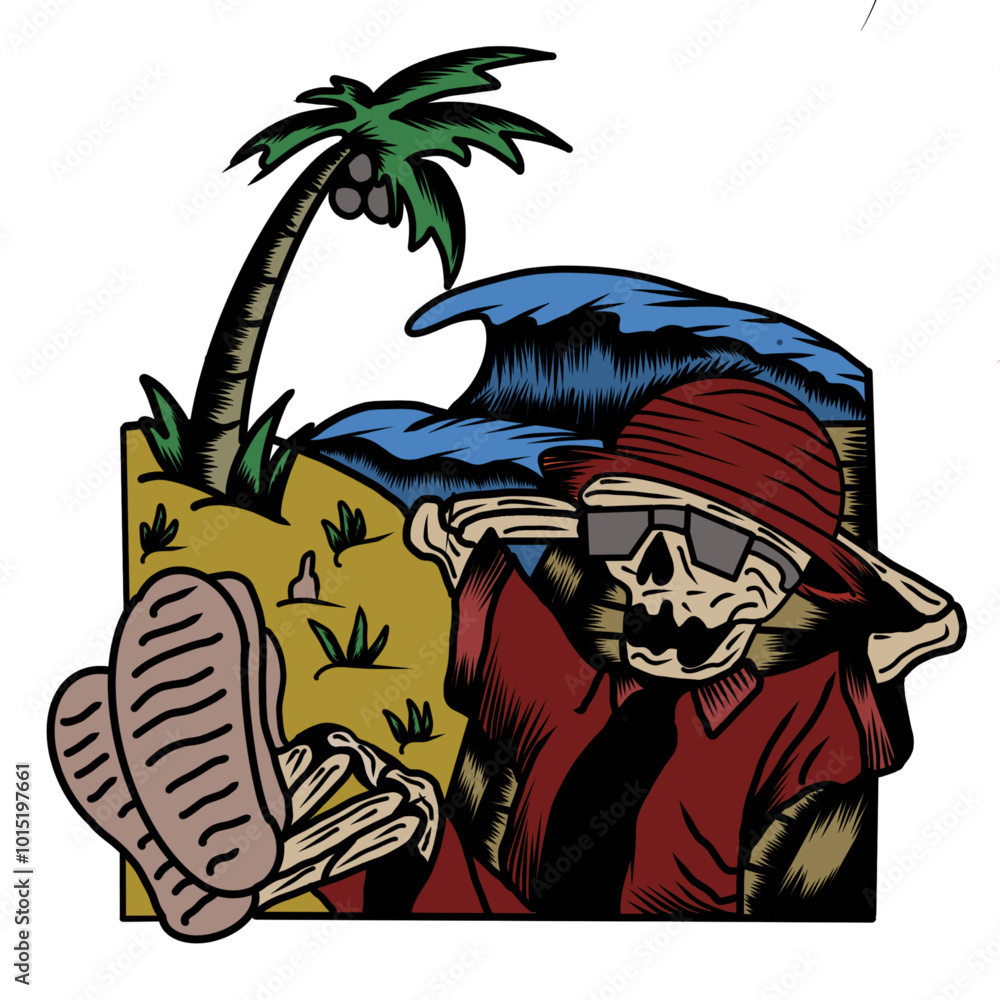Obraz premium human skull t-shirt design relaxing on the beach