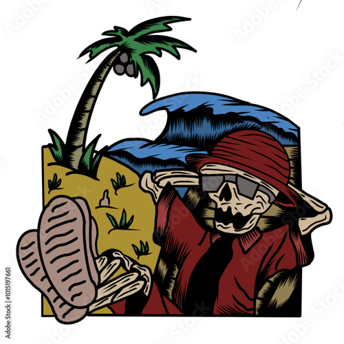human skull t-shirt design relaxing on the beach
