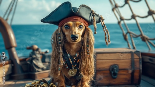 The adorable dog, dressed in pirate attire complete with a hat and beads, poses on the deck of a ship. A treasure chest and the vast ocean create an adventurous atmosphere. photo