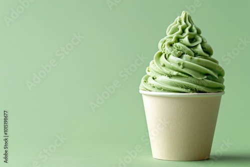 Green ice cream in paper cup. Pistachio ice cream on a green background. Frozen yogurt photo