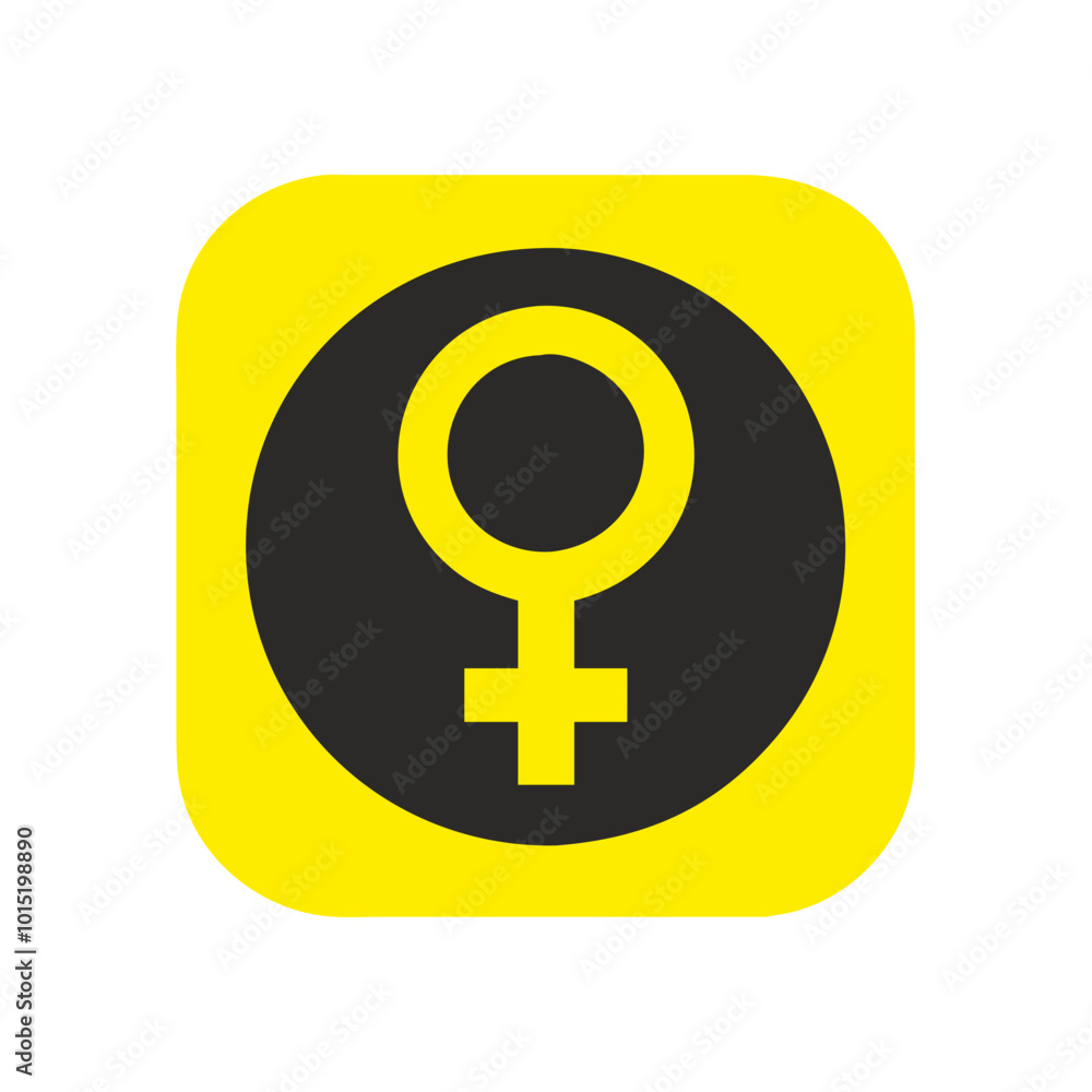 Yellow female gender symbol on black square background Yellow female gender symbol on black square background