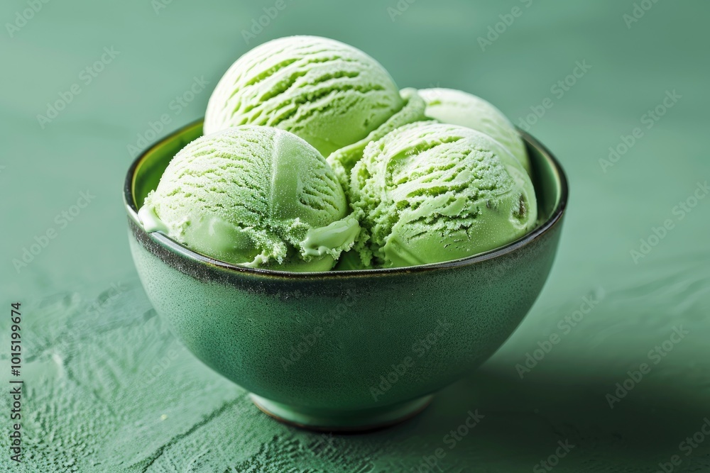 Green scoops of ice cream in dark green bowl. Pistachio and mint ice cream. Frozen yogurt Green scoops of ice cream in dark green bowl. Pistachio and mint ice cream. Frozen yogurt