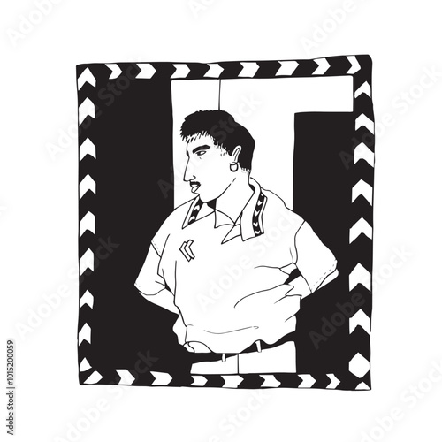 Jeune homme avec moustache portant un maillot de foot appuyé contre un mur les bras dans le dos. Illustration style vintage en noir et blanc avec ornement graphique