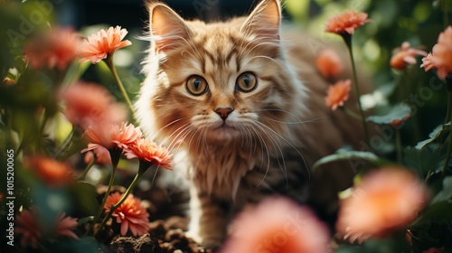 Cat in garden, funny portrait.