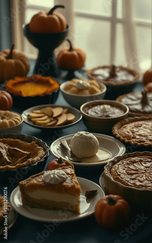 Picture of different delicious autumn pies on wooden table. Apple tart, pumpkin pie and tasty dessert, top view.