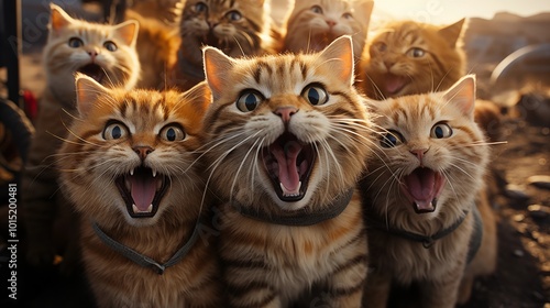 Cats taking a selfie on a blurred background. A group funny cats