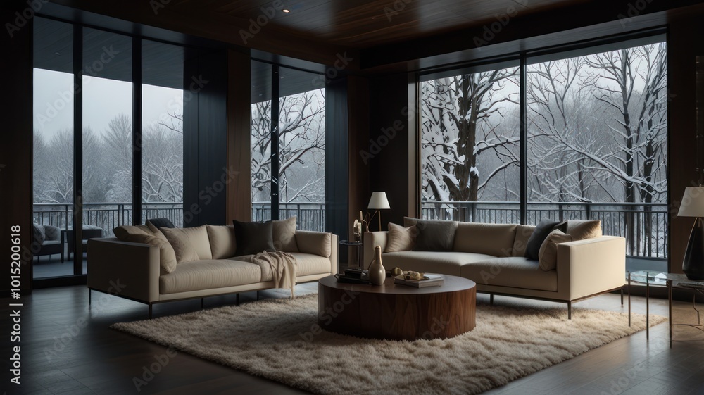 Fototapeta premium A modern living room with large windows overlooking a snowy winter landscape.