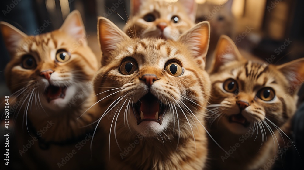Cats taking a selfie on a blurred background. A group funny cats Cats taking a selfie on a blurred background. A group funny cats