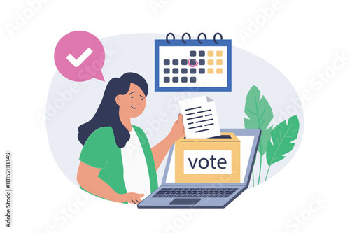 Online voting concept in modern flat design for web. Woman putting blank in ballot box in digital form by laptop, making her political decision in democratic survey in date. Vector illustration.