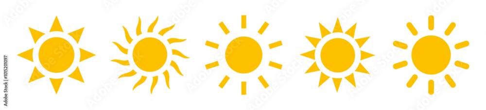 Sun icons. Sun vector icon set in yellow color isolated. Sun icons collection in yellow color. Solar summer icon isolated on white background. Flat design. Vector illustration. Sun icons. Sun vector icon set in yellow color isolated. Sun icons collection in yellow color. Solar summer icon isolated on white background. Flat design. Vector illustration.
