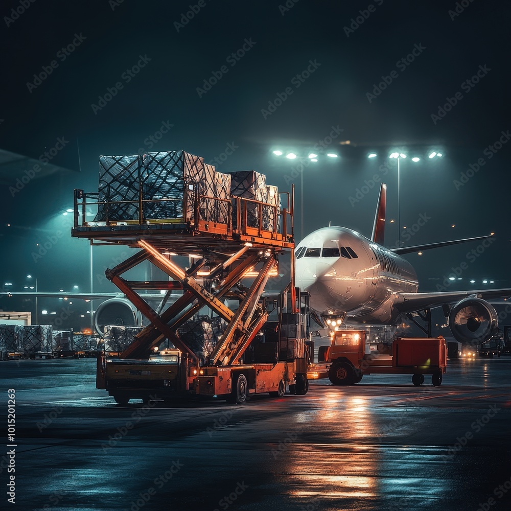 Night Flight Cargo Loading: A dramatic, cinematic view of cargo being loaded onto an airplane at night. The scene is brightly lit, highlighting the efficiency and scale of air freight operations.