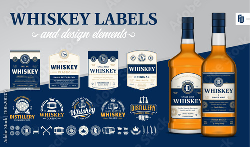 Vector blue and beige premium quality whiskey labels. Realistic whiskey glass bottle mockups. Distillery branding and identity design elements
