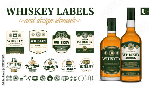 Vector green and beige premium quality whiskey labels. Realistic whiskey glass bottle mockups. Distillery branding and identity design elements