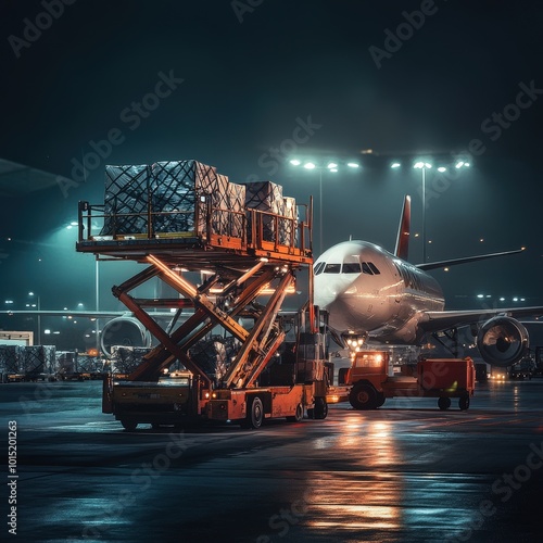 Obraz na płótnie Night Flight Cargo Loading: A dramatic, cinematic view of cargo being loaded onto an airplane at night. The scene is brightly lit, highlighting the efficiency and scale of air freight operations. w salonie