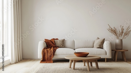 A cozy living room features a light-colored sofa adorned with soft cushions and a warm throw