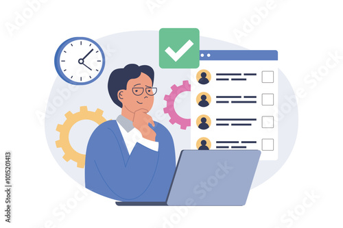 Online voting concept in modern flat design for web. Man thinking and making political decision in democratic survey, choosing his candidate in election list, ticking in form. Vector illustration.