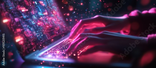 Hands typing on a glowing laptop keyboard with pink and blue lights.