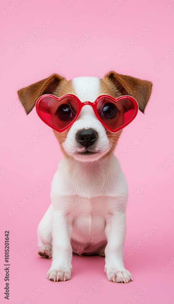 Portrait of an Adorable Puppy Wearing Red, Heart-Shaped Sunglasses on Pink Background Portrait of an Adorable Puppy Wearing Red, Heart-Shaped Sunglasses on Pink Background