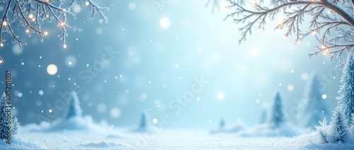 Magical winter landscape with fluffy snow-covered fir trees and sparkling snowflakes against the blue sky for a poster or banner
