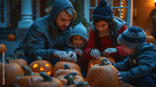 Adults and children in costumes have fun celebrating Halloween. Trick or treat