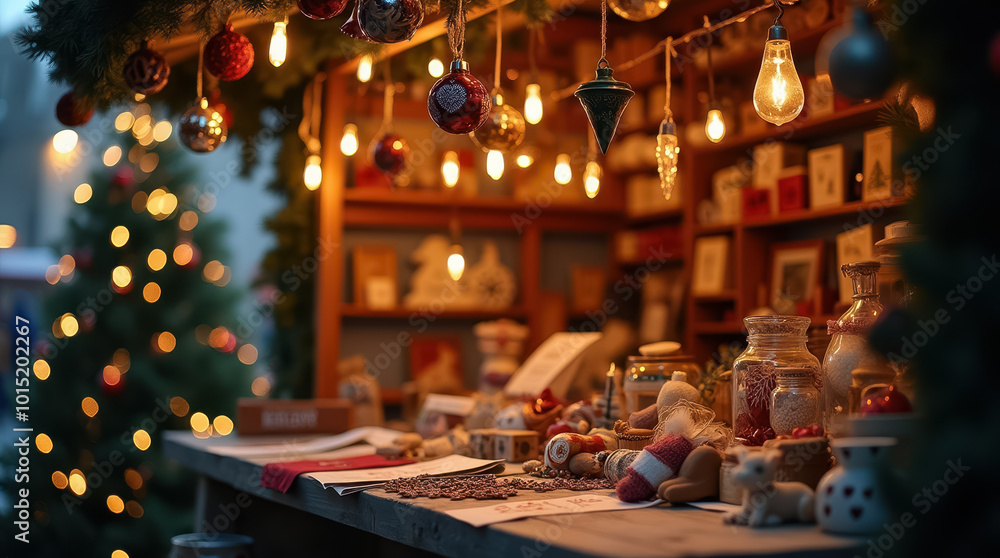 Amidst the charm of winter, a holiday market stall showcases colorful ornaments and warm lights, inviting visitors to explore its festive treasures Amidst the charm of winter, a holiday market stall showcases colorful ornaments and warm lights, inviting visitors to explore its festive treasures
