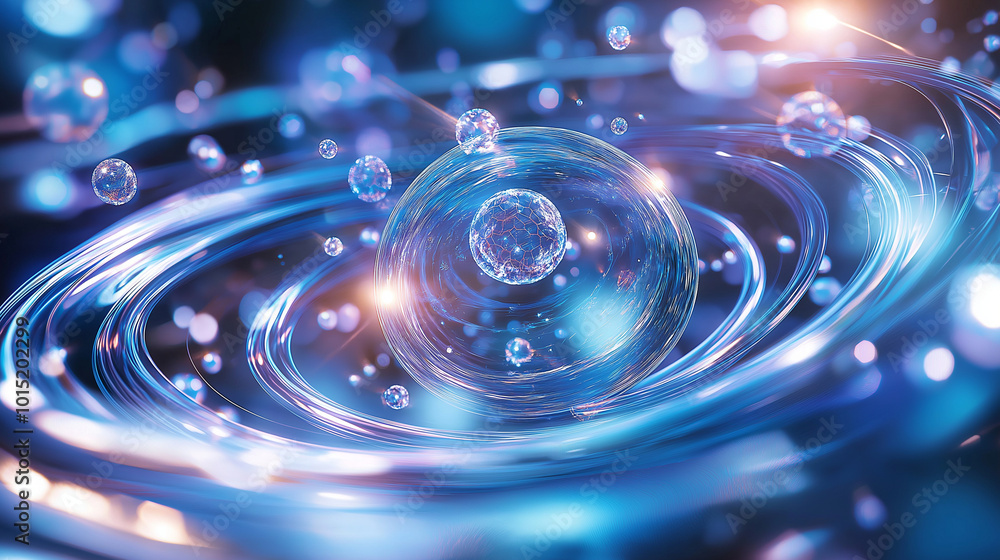 Atoms connecting in a spiral formation, moving outward in a harmonious dance, glowing with radiant energy – A representation of the continuous cycle of creation and building, where Atoms connecting in a spiral formation, moving outward in a harmonious dance, glowing with radiant energy – A representation of the continuous cycle of creation and building, where