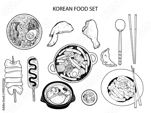 Korean Food menu Vector illustration set. Hand drawn line art . Collection of popular Korean food and street food .