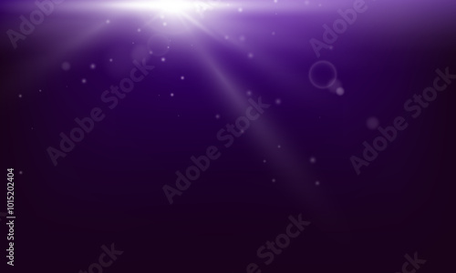 Shining rays from above over water, in space, on a purple background for decorating banners, posters
