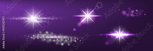 Set of shiny light neon elements for decoration on purple background, bokeh, glow
