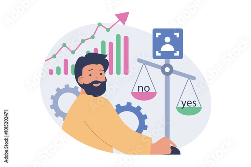 Online voting concept in modern flat design for web. Man analyzing exit polls and ratings, supporting and choosing his candidate in election list, making political decision. Vector illustration.