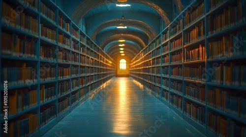 Wallpaper Mural Empty library with bookshelves and books, blurred bokeh effect Torontodigital.ca