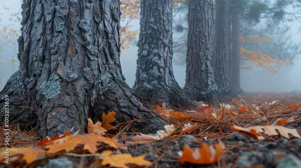 Tree Trunks and Fallen Leaves in a Foggy Forest Tree Trunks and Fallen Leaves in a Foggy Forest