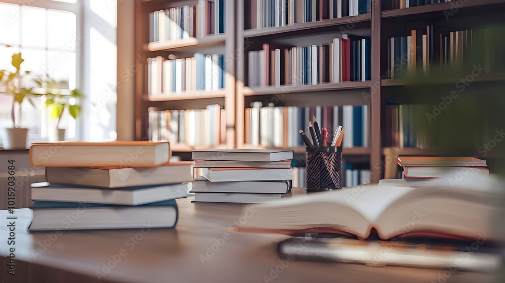 Open Book on Wooden Desk with Bookshelves and Pens in Background Open Book on Wooden Desk with Bookshelves and Pens in Background