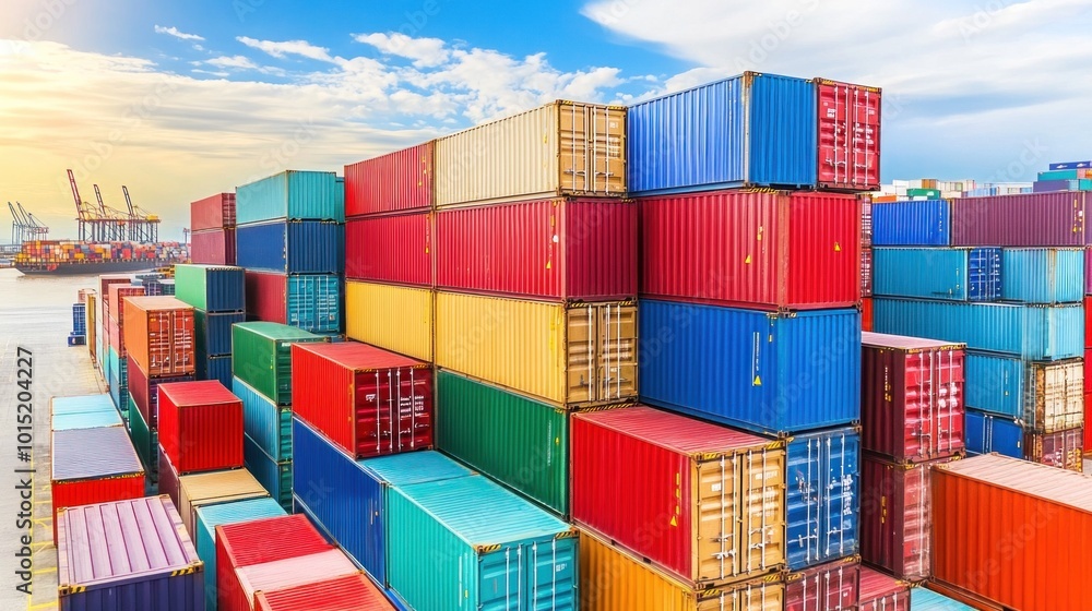 Stacked shipping containers in vibrant colors create an eye-catching view at a port during sunset, with cranes and a blue sky enhancing the industrial landscape Stacked shipping containers in vibrant colors create an eye-catching view at a port during sunset, with cranes and a blue sky enhancing the industrial landscape