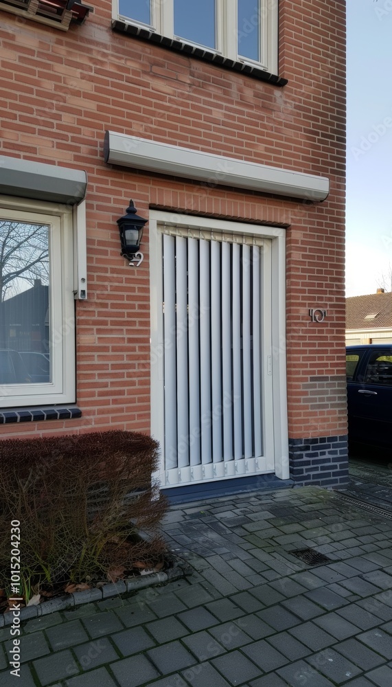 A white door with a retractable awning above it, on a brick building with a brick walkway. A white door with a retractable awning above it, on a brick building with a brick walkway.