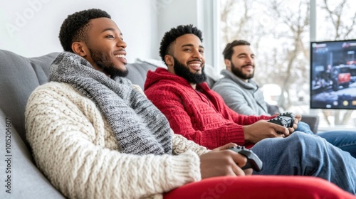 Three friends sit side by side on a couch, engaged in an exciting video game session. They wear warm sweaters as they laugh and interact, surrounded by a cozy living room atmosphere