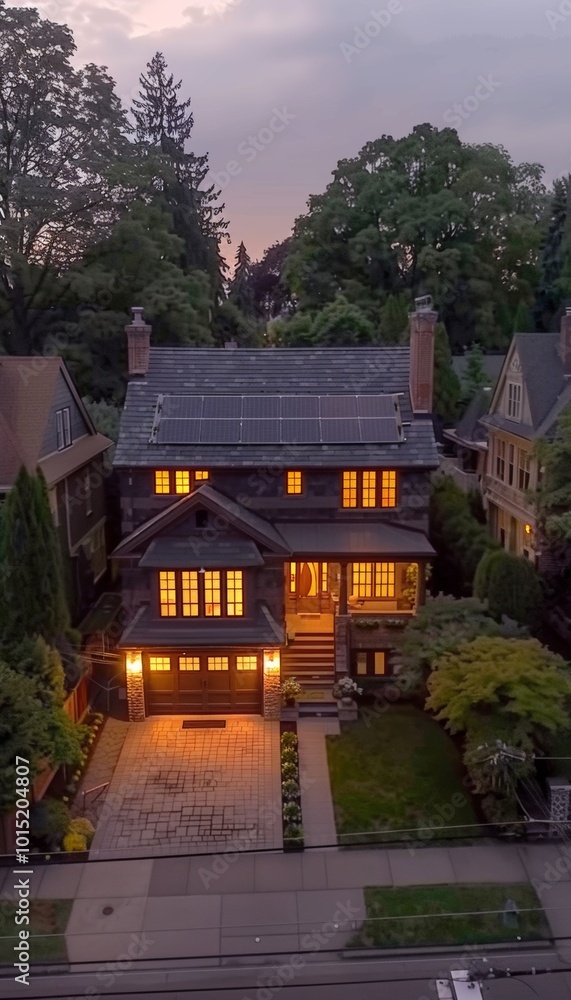 An aerial view of a large, modern home with a stone facade, illuminated by warm lights in the twilight. An aerial view of a large, modern home with a stone facade, illuminated by warm lights in the twilight.