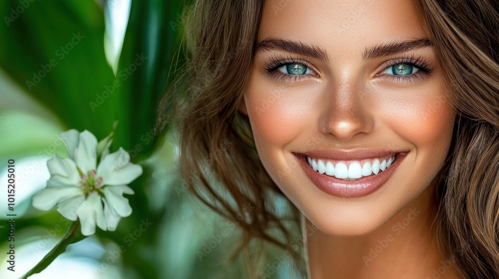 A young woman beams with joy, showcasing her radiant smile and clear skin beside a delicate flower, surrounded by vibrant green foliage during daytime A young woman beams with joy, showcasing her radiant smile and clear skin beside a delicate flower, surrounded by vibrant green foliage during daytime